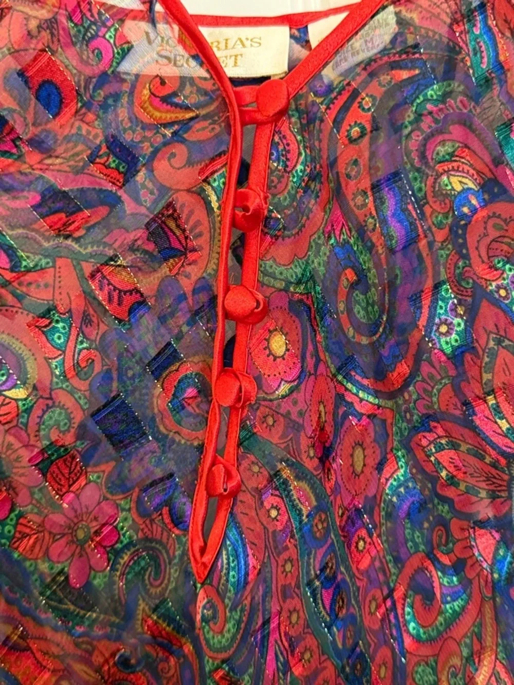 Victoria's Secret Sheer Paisley Teddy Red-Multicolor Print Vintage Sz Med - Picture 5 of 15